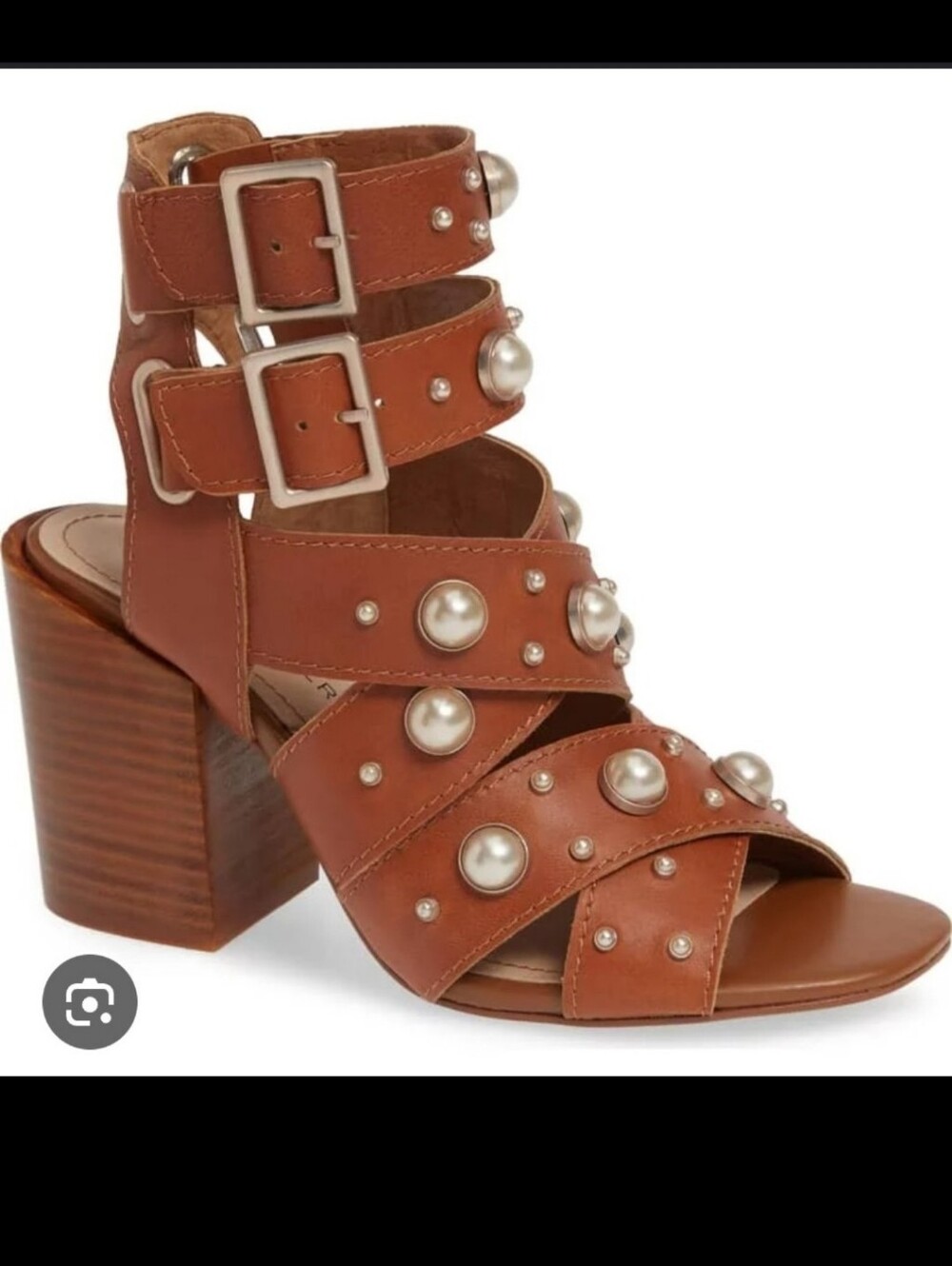 Kelsi Dagger Studded Pearl-Accent Brown Block Heel Sandal